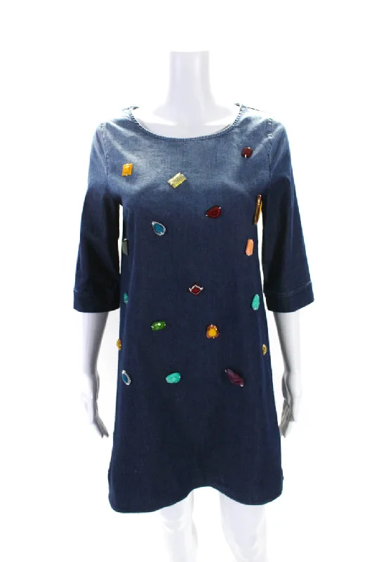 Huge Discounts This Week Big Savings on Minimalist Office Styles Stella McCartney Womens Blue Cotton Beaded Detail 3/4 Sleeve Shirt Dress