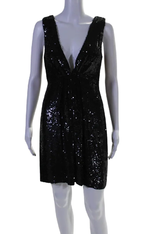 Bid Farewell To The Old Season Art Deco Geometric Pattern Look Joseph Womens Silk Sequined V Neck Sleeveless A Line Dress Black