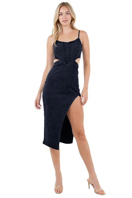 Limited Time Flash Sale Alluring Design Hot Girl Daring Denim Cutout Midi Dress In Black