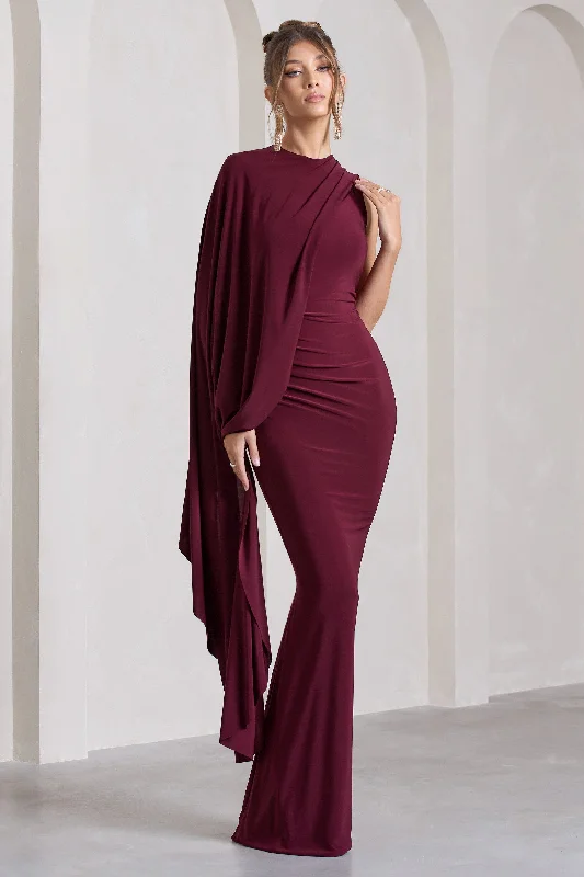 Bold Style Discounts Vintage Look Unveil | Burgundy One-Sleeve Cape Maxi Dress