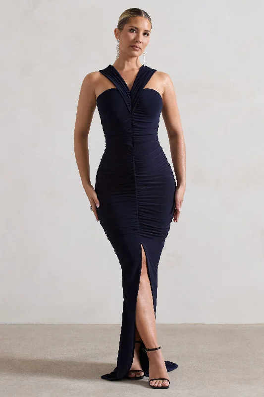 Modern Chic Discounts Romantic Flair Aida | Navy Ruched V-Neck Split Maxi Dress