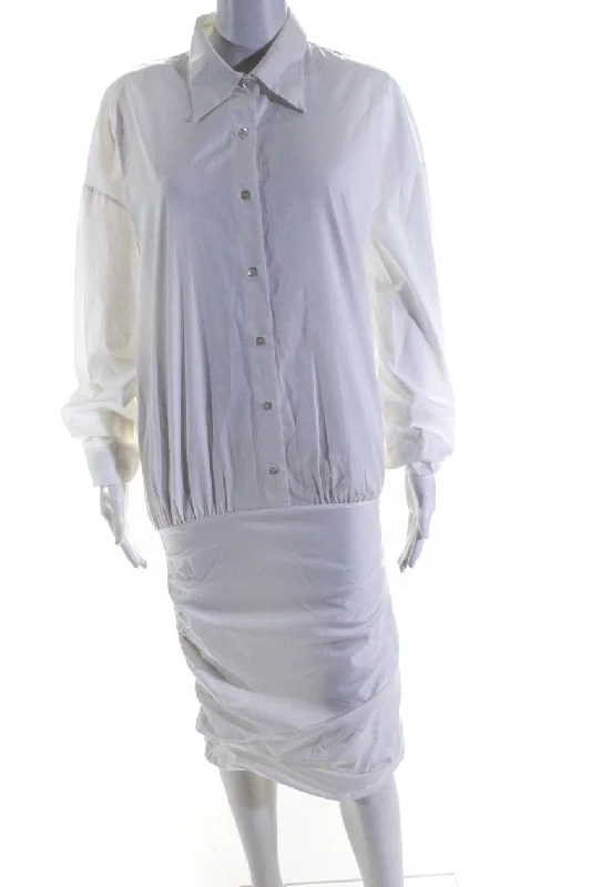 Huge Markdowns Effortless Sophistication Cekette Womens Half Button Side Zip Ruched Shirt Dress White Cotton