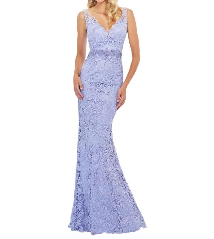 Unleash Your Trend Driven Style Flowing Silhouette V-Neck Lace Gown With Detachable Sleeves In Lilac