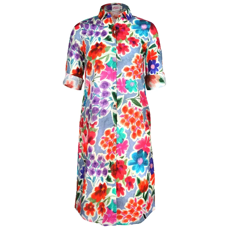 Popular Collection Cottagecore Rustic Charm Style Jilly Midi Blue Floral Shirt Dress