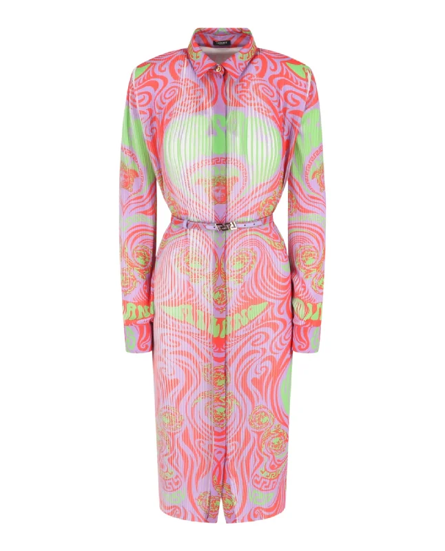 Elegant Style Bold Patterns Medusa Music Pleated Shirt Dress