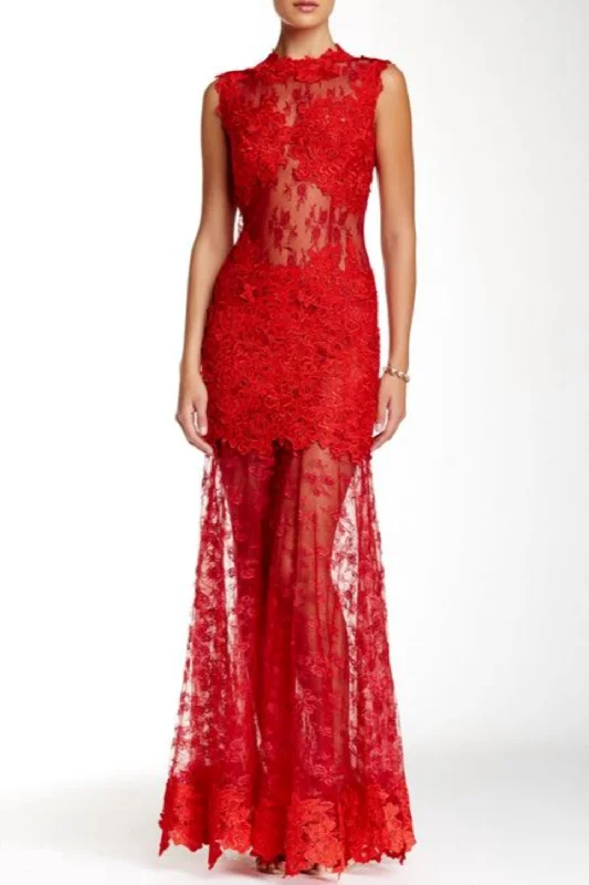 Fashion Forward, Function First Playful Elegance Lace Evening Gown In Red