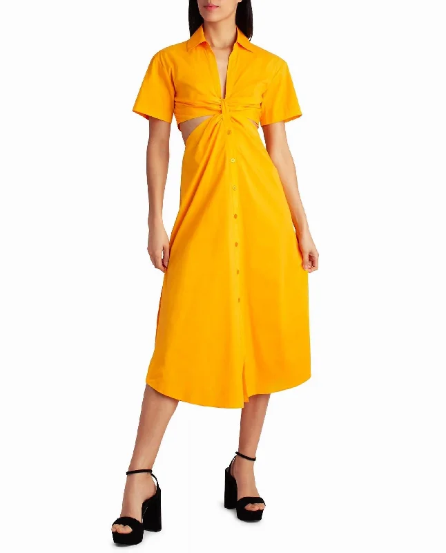 Save Big Hollywood Glam Award - Show Style Caroline Poplin Midi Shirt Dress In Flame Orange