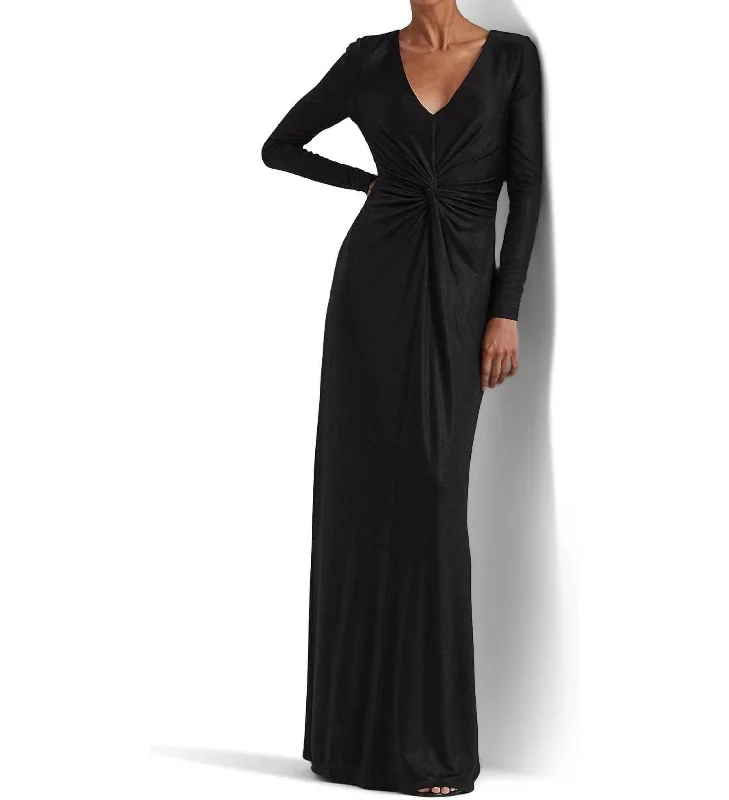 Trendy Threads Limited - Edition Drops Twist Front Foil Print Jersey Gown In Black