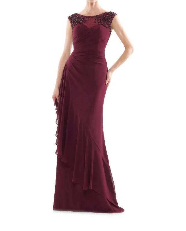 Timeless Elegance Redefined Polished Finish Beaded Sheer Cap Sleeve Ruffle-Ornate Gown In Wine