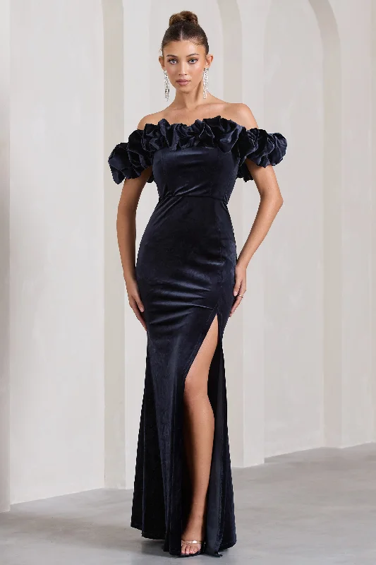 Trendy Looks On Sale Flash Sale Esmeralda | Navy Velvet Structured Ruffled Bardot Maxi Dress