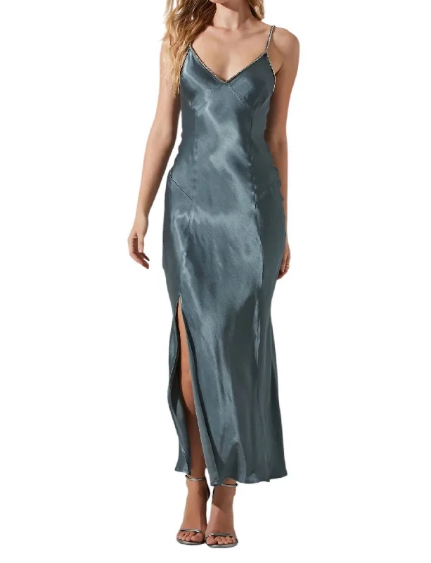 Romantic Fashion Discounts Seasonal Trend Kathleen Rhinestone Trim Satin Midi Dress In Slate Blue