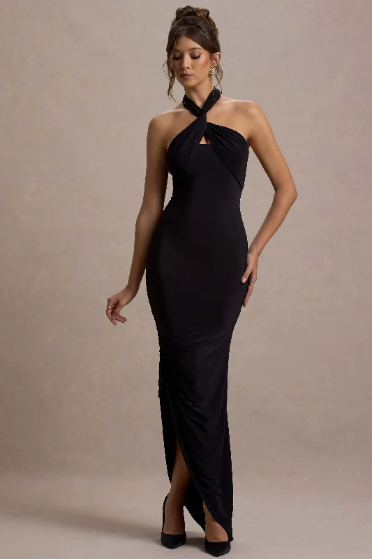 Casual Yet Chic Sales Vintage Elegance Jaiya | Black Ruched Halter-Neck Asymmetric Maxi Dress