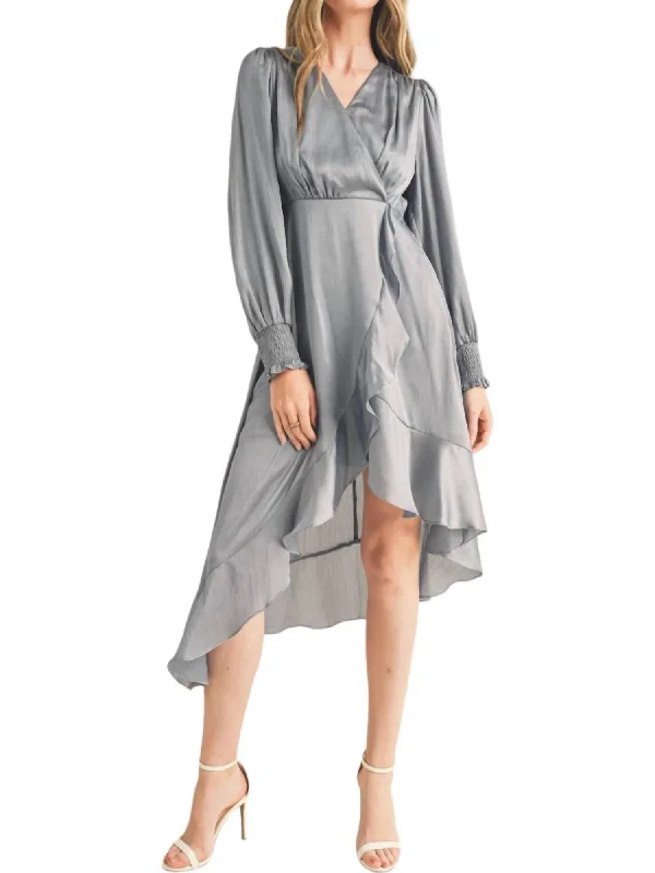 Shop Sales Refined Simplicity Satin Ruffle Midi Dress In Dusty Blue