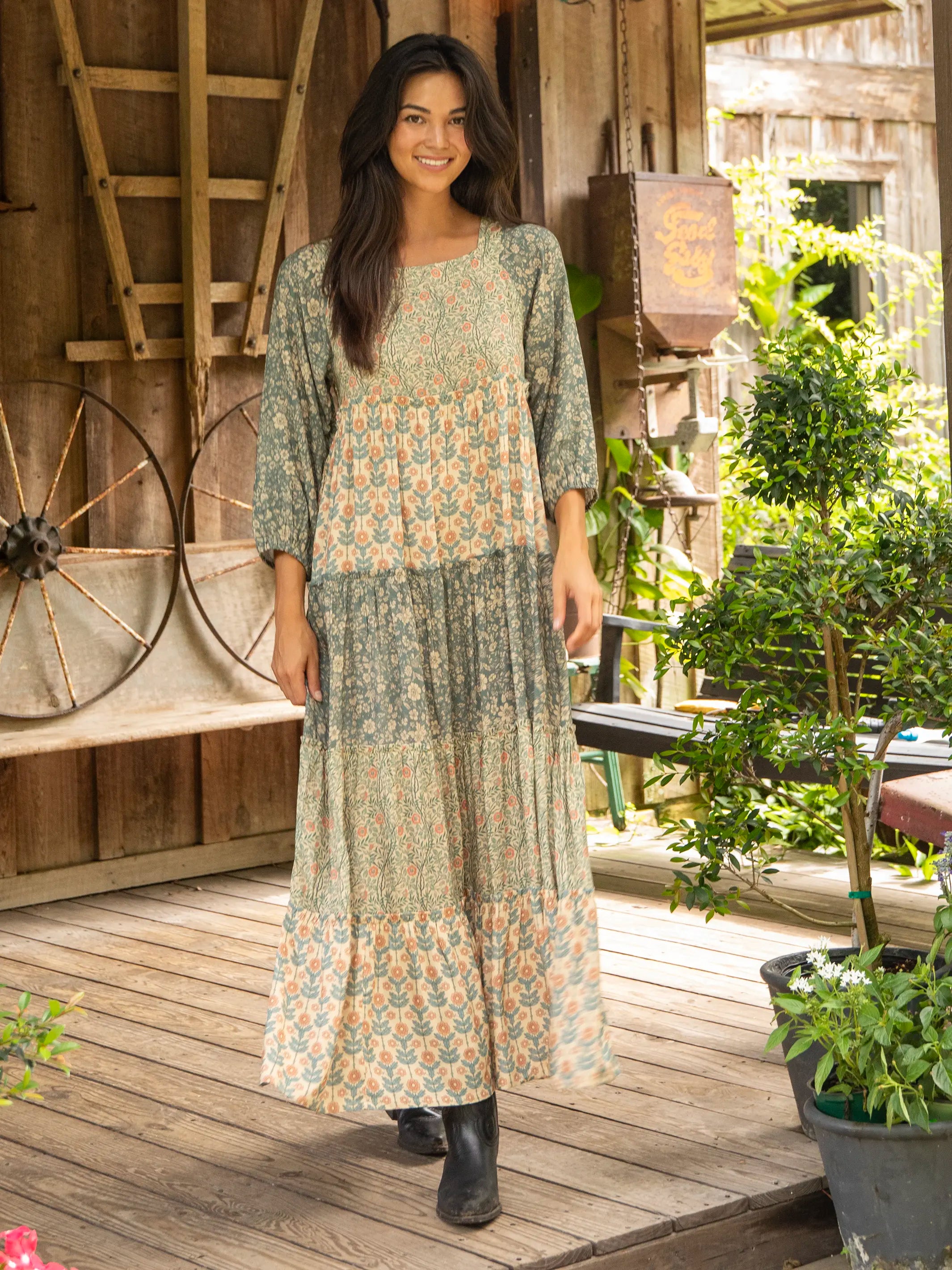 You'Ll Love Us Because Chic Allure Berkley Long Sleeve Maxi Dress - Tan Olive Mixed Floral