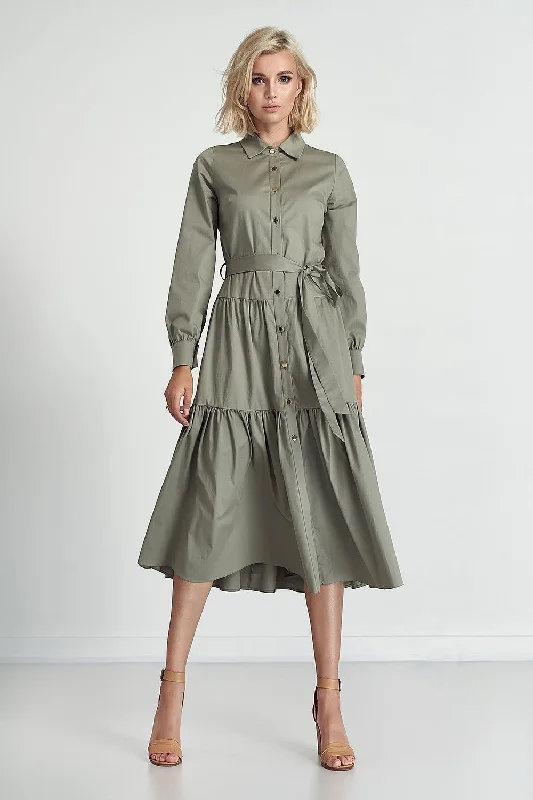 Trendy Pulse Bold Silhouette Marselini Button Down Ruffled Tiered Midi Dress In Sage