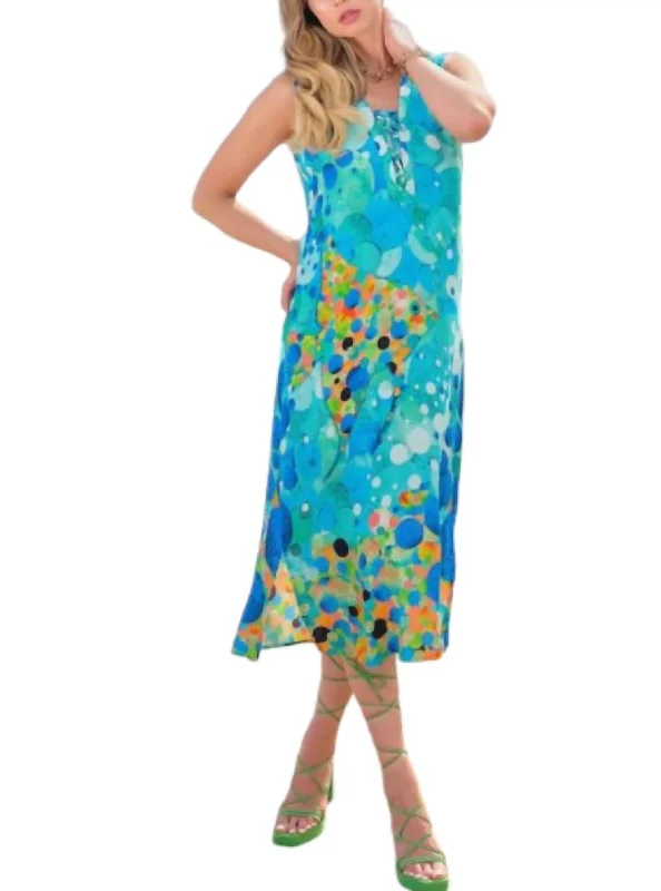 Style Without Limits Effortless Sophistication Big Angel Fish Mosaic Sleeveless Dress In Blue / Multi