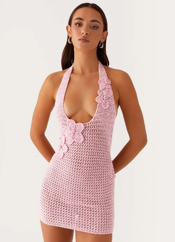 Top Brand Discounts Feminine Soft - Hued Look Luciana Crochet Halterneck Mini Dress - Pink