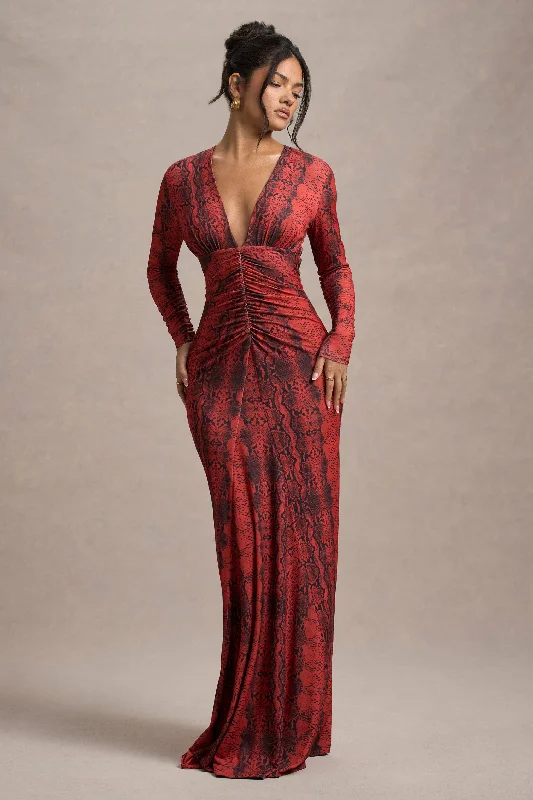 Sustainable Fashion Extravaganza Today Only Mamba | Red Snake Print Plunge-Neck Long-Sleeve Maxi Dress