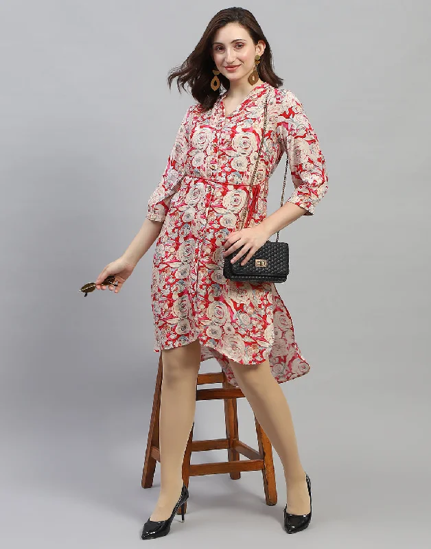 Discover Promotions Floral Style Women Red Floral Print V Neck 3/4 Sleeve Dress