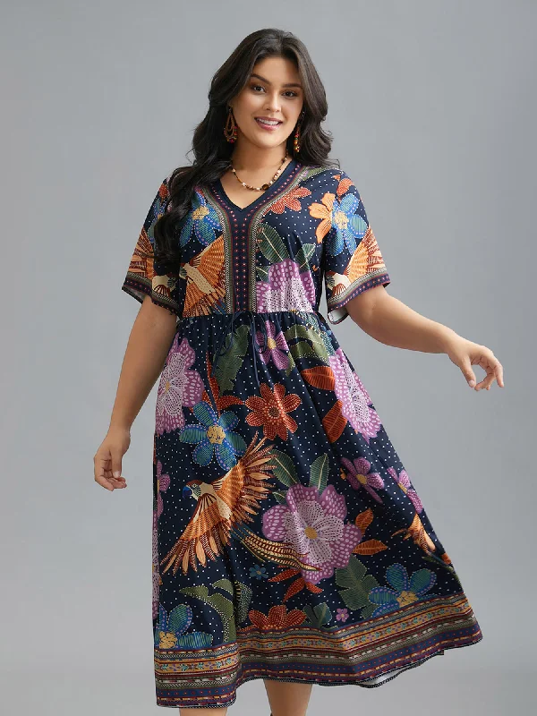 Season Offer Charming Silhouette V Neck Multi-Color Floral Midi Dress