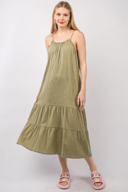 Chic And Trendy Effortless Style Hot Girl Ruffled A-Line Cami Midi Dress In Earth Green