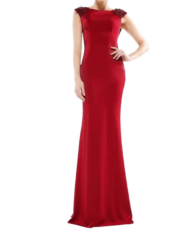 Chic Trends Unveiled Classic Appeal Beaded Cowl Back Trumpet Gown In Wine