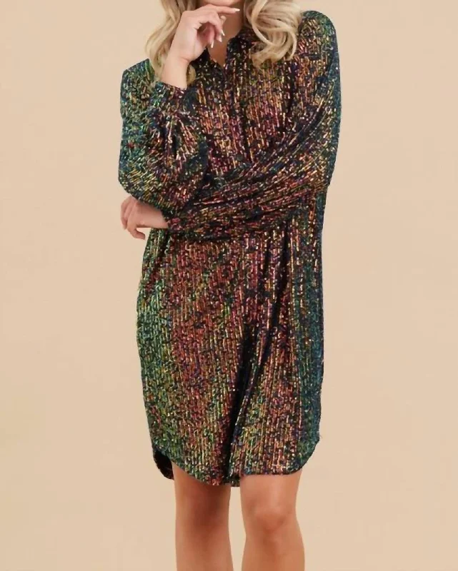 Fashionista Sale Minimalist Chic Shimmering Splendor Sequin Shirt Dress In Black Multi