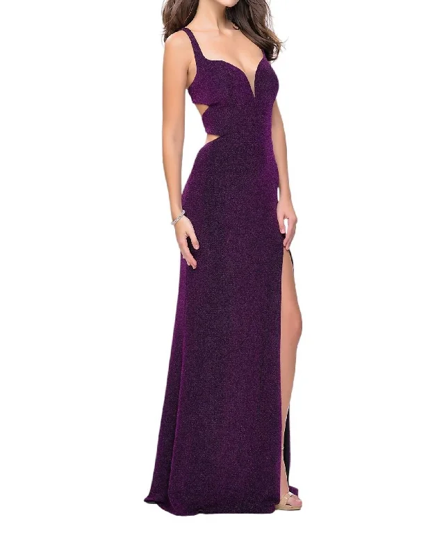 Trend Forward Threads Minimalist Elegant Plunging Sweetheart Jersey Gown In Purple