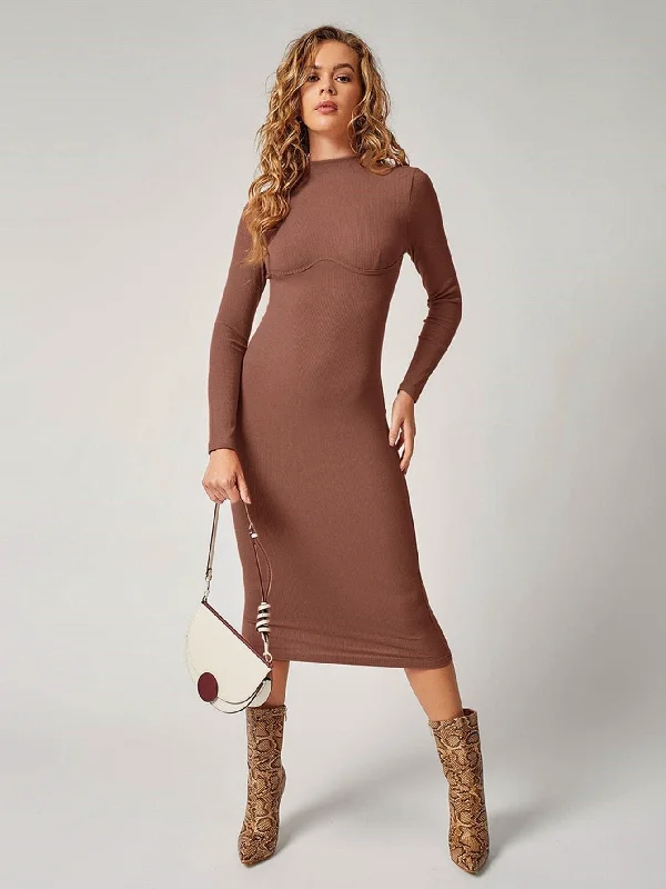 Gift Ideas Big Savings on Minimalist Office Styles Hot Girl Kailani Knit Mock Neck Long Sleeve Midi Dress In Brown