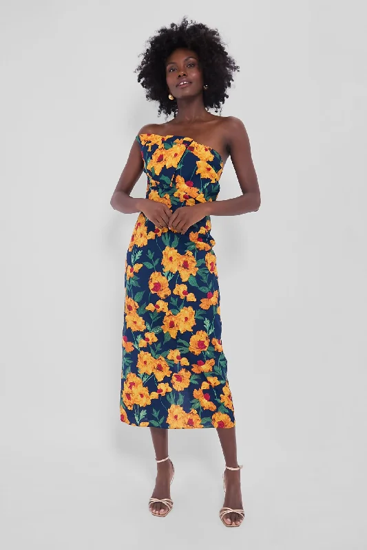 Limited Stock, Big Sale Effortless Comfort Navy & Marigold Floral Ruffle Margot Maxi Dress