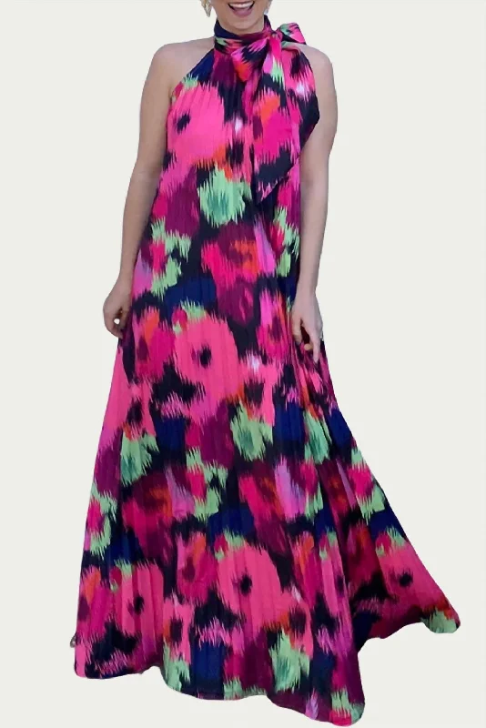 Luxury Fashion Bohemian Vibe Poppy Pleated Satin Maxi Dress In Ikat Roses