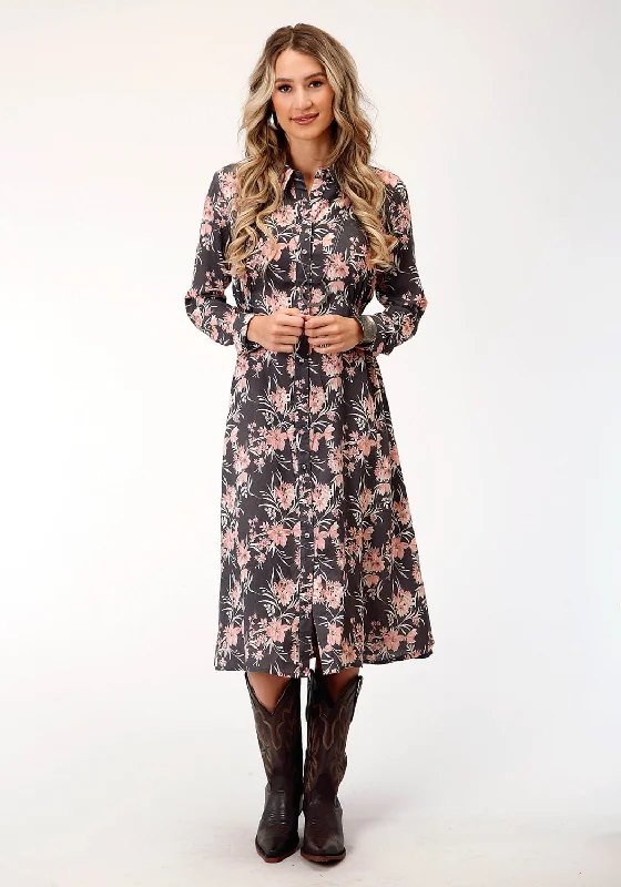 New Season Fashion Preview Sale Vintage Charm Roper Womens Coral Floral Grey Rayon/Nylon L/S Dress