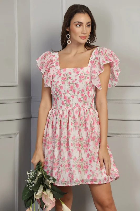 Street Chic Discounts Feminine Flow Pink Floral Flutter Sleeve Dress