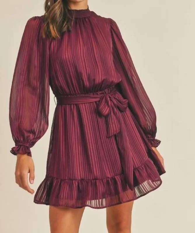 Style Breakthroughs Vintage Elegance Satin Shadow Striped Mini Dress in Burgundy