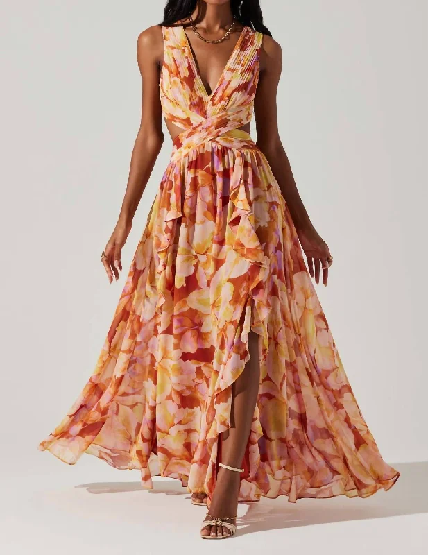 Embrace New Fashion Parisian Effortless Chic Style Noya Dress In Rust Yellow Floral