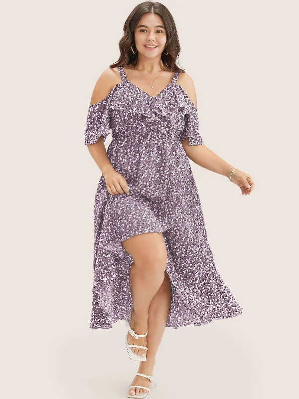 Trendy Pulse Disco - Inspired Retro Dance Look Ditsy Floral Pocket Wrap Cold Shoulder Ruffle Dress