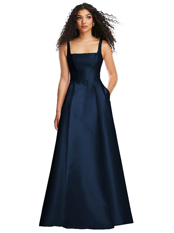 Budget Saver Everyday Glamour Boned Corset Closed-Back Satin Gown with Full Skirt and Pockets