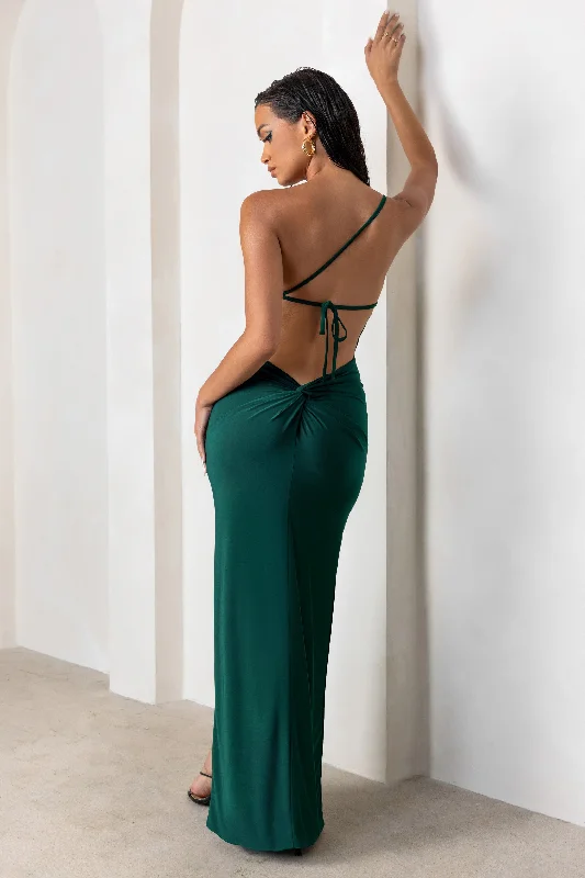 Cozy Chic Promotions Statement Piece Dressing Up | Bottle Green One Shoulder Maxi Dress With Open Back Detail