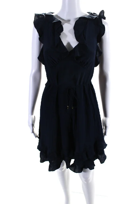 Premium Style Offers Feminine Allure Zimmermann Womens Navy Blue Silk Ruffle V-Neck Sleeveless Shift Dress