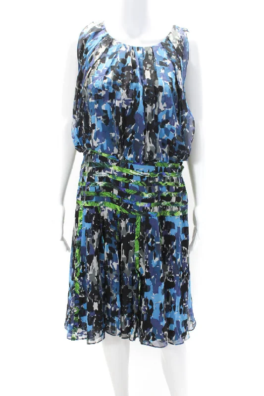 Trendy Threads Classic Timeless Elegant Style Oscar de la Renta Womens Chiffon Sleeveless A Line Dress Blue Green