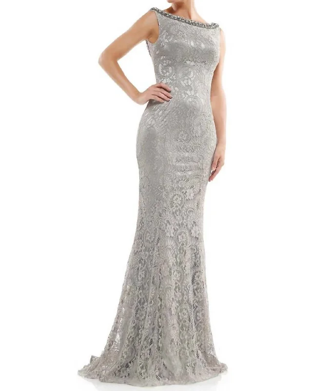 Dive Into Trendy Styles Effortless Comfort Scoop Back Lace Mother Of The Bride Gown In Silver