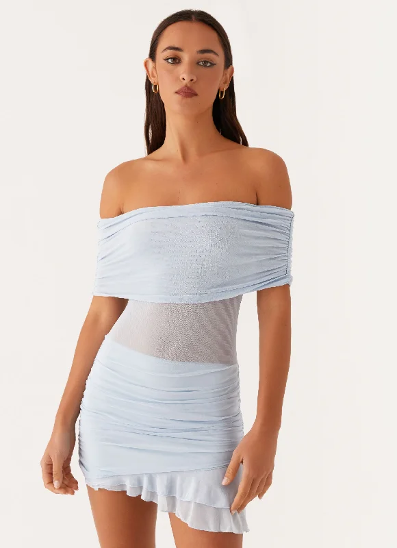 Seize Bargains Classic Timeless Elegant Style Nelly Off Shoulder Mini Dress - Blue