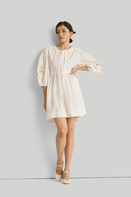 Casual Chic Coastal Beach - Inspired Style Shirt Dress with Balloon Sleeves in White