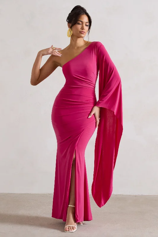 Elevated Casual Discounts Contemporary Chic Giada | Dark Pink Ruched One Shoulder Cape Sleeve Maxi Dress