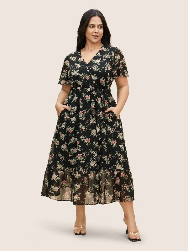 Valentine's Special Effortless Style Surplice Neck Chiffon Floral Belted Dress