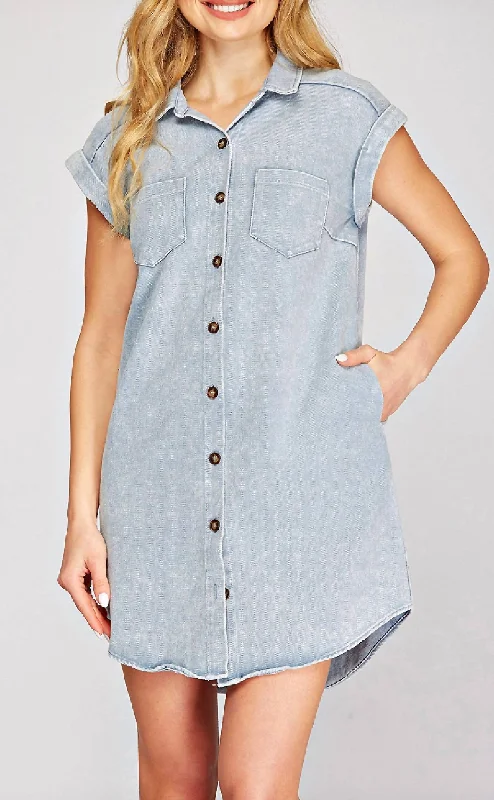 Feminine Style Promotions Luxury Comfort Button Down Twill Shirt Dress In Light Denim Blue