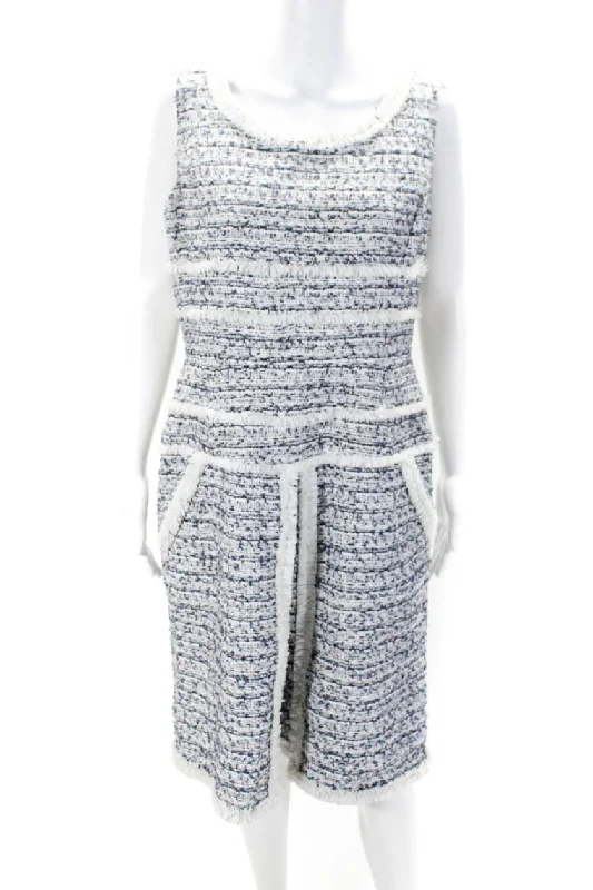 Season Offer Feminine Charm Oscar de la Renta Womens Tweed Fringe Sleeveless Sheath Dress Blue White