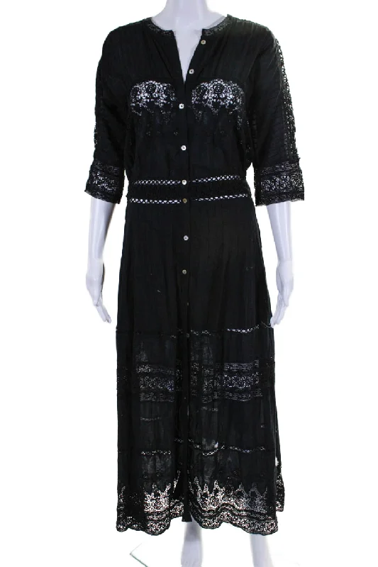 Limited Stock, Big Discounts Boho - Chic Festival - Ready Style Love Shack Fancy Womens Button Front Lace Trim Maxi Shirt Dress Black