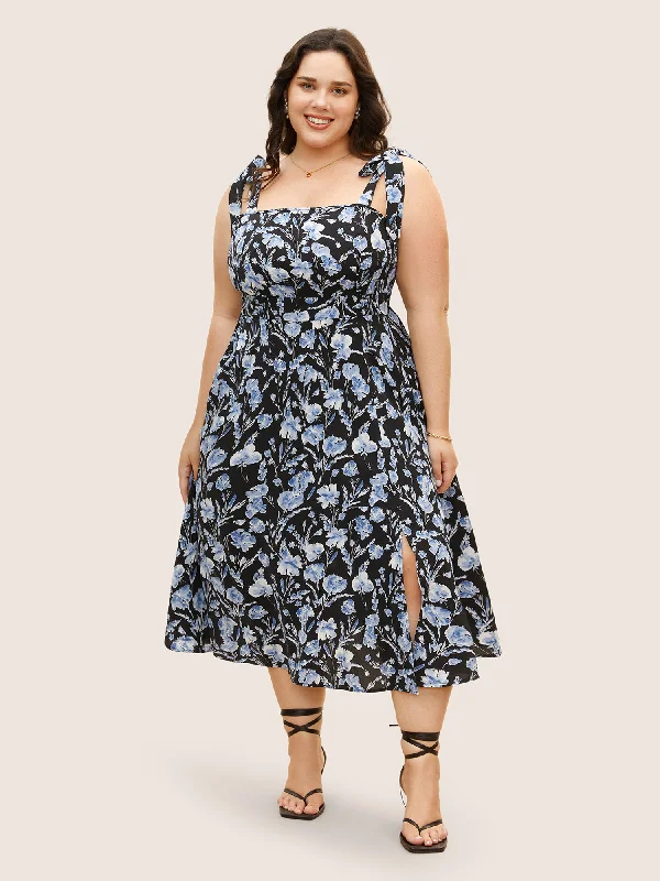 Exclusive Discount Bold Silhouette Floral Print Tie Knot Shirred Dress