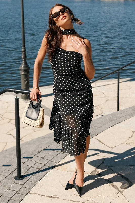 Relaxed Style Deals Playful Elegance Francesca Midi Dress - Black Polka Dot